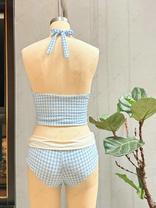 Light Blue Grid Textured Plunging Neck Halter Foldover Cheeky Boyshorts Tankini Set