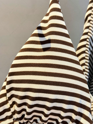 Brown Knit Striped Reversible Halter Triangle Bikini Top