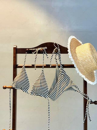 Brown Knit Striped Halter Triangle String Reversible Bikini Set