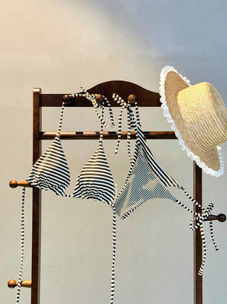 Brown Knit Striped Halter Triangle String Reversible Bikini Set