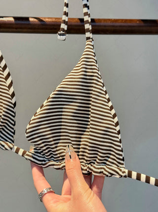 Brown Knit Striped Reversible Halter Triangle Bikini Top