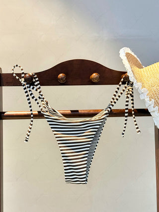 Brown Knit Striped Reversible Tie Side String Bikini Bottom