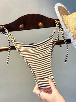 Brown Knit Striped Reversible Tie Side String Bikini Bottom
