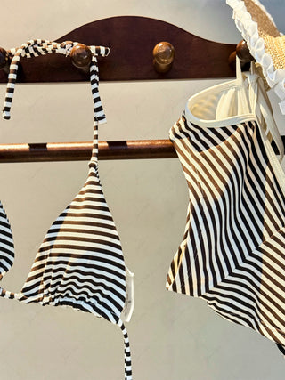 Brown Striped Cutout Tie Side Bikini Bottom Cheeky Swim Boyshorts