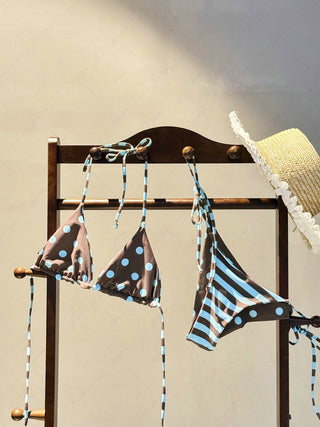 Coffee Striped Polka Dot Triangle Top & Cheeky Brazilian Bottom Reversible Bikini Set