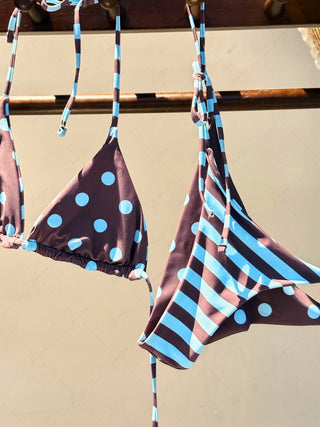 Coffee Striped Polka Dot Triangle Top & Cheeky Brazilian Bottom Reversible Bikini Set