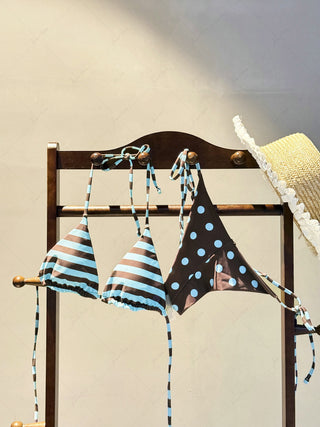Coffee Striped Polka Dot Triangle Top & Cheeky Brazilian Bottom Reversible Bikini Set