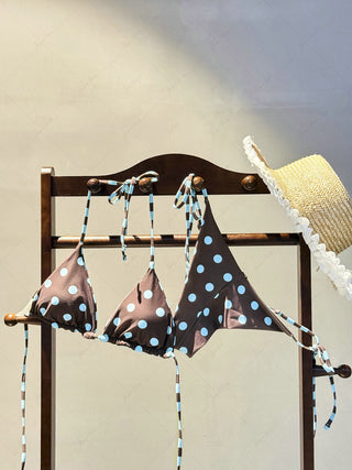 Coffee Striped Polka Dot Triangle Top & Cheeky Brazilian Bottom Reversible Bikini Set