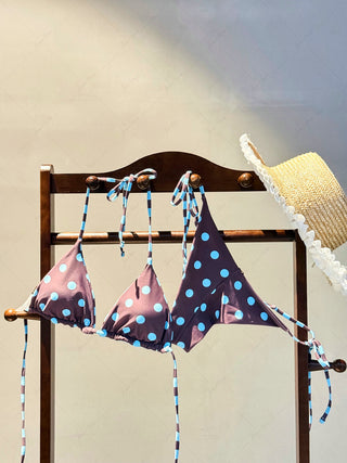 Coffee Striped Polka Dot Triangle Top & Cheeky Brazilian Bottom Reversible Bikini Set