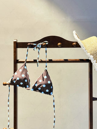 Coffee Striped Polka Dot Print Halter Triangle Reversible Bikini Top
