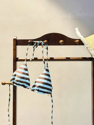 Coffee Striped Polka Dot Print Halter Triangle Reversible Bikini Top