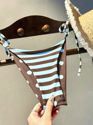 Coffee Striped Polka Dot Print Reversible Cheeky Brazilian Bikini Bottom