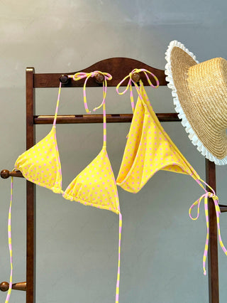 Yellow Striped Polka Dot Triangle Top & Cheeky Brazilian Bottom Reversible Bikini Set