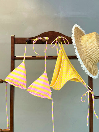 Yellow Striped Polka Dot Triangle Top & Cheeky Brazilian Bottom Reversible Bikini Set