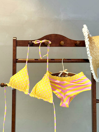 Yellow Striped Polka Dot Triangle Reversible Top & Cheeky Boyshorts Bikini Set