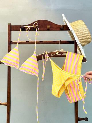 Yellow Striped Polka Dot Triangle Top & Cheeky Brazilian Bottom Reversible Bikini Set