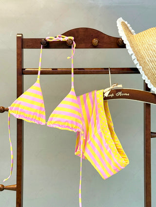 Yellow Striped Polka Dot Triangle Reversible Top & Cheeky Boyshorts Bikini Set