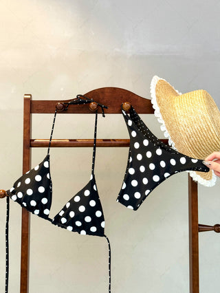 Black Polka Dot Reversible Triangle Top & Cheeky Boyshort Bikini Set