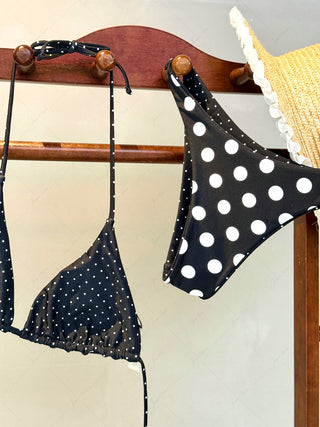 Black Polka Dot Reversible Triangle Top & Cheeky Boyshort Bikini Set