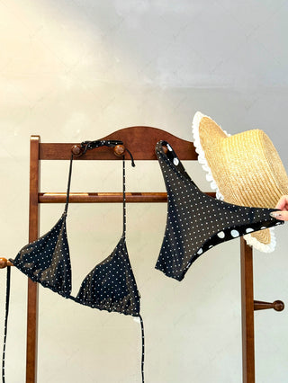 Black Polka Dot Print Halter Triangle Reversible Bikini Set