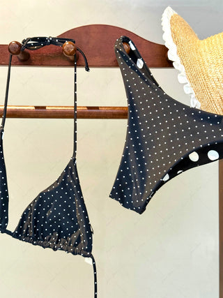 Black Polka Dot Reversible Triangle Top & Cheeky Boyshort Bikini Set