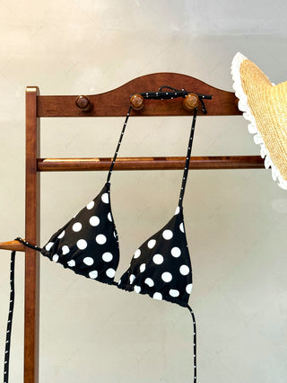 Black Polka Dot Print Halter Triangle Reversible Bikini Top