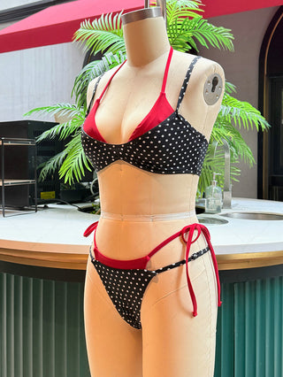 Black Contrast Color Polka Dot Print String Double Layer Bikini Set