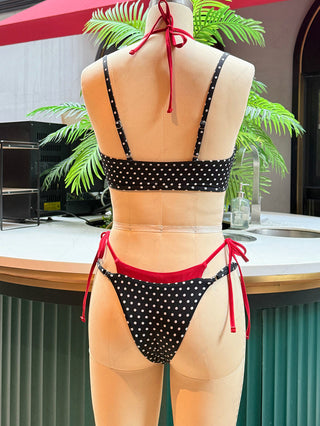 Black Contrast Color Polka Dot Print String Double Layer Bikini Set