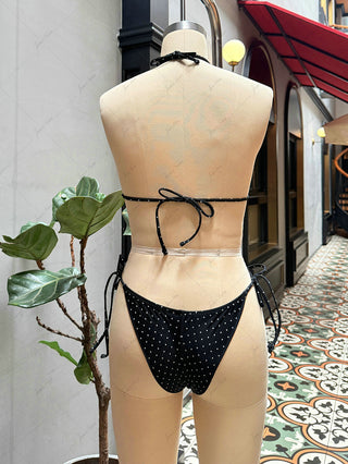 Black Polka Dot Print Lace Bowknot Halter Triangle Bikini Set