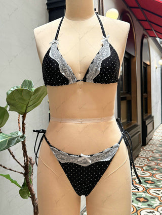 Black Polka Dot Print Lace Bowknot Halter Triangle Bikini Set