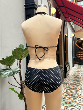 Black Polka Dot Print Lace Bowknot Triangle Cheeky Boyshorts Bikini Set