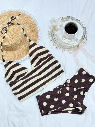 Coffee Striped Polka Dot Halter Tied Back Reversible Top & Cheeky Boyshorts Tankini Set