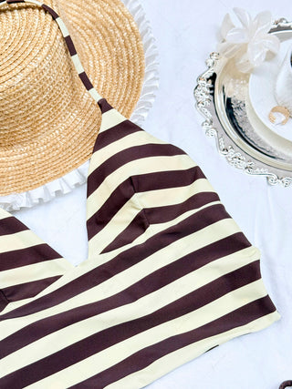 Coffee Striped Polka Dot Halter Tied Back Reversible Top & Cheeky Boyshorts Tankini Set