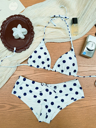 Crystal Cream Vintage Polka Dot Reversible Halter Triangle Bikini Set