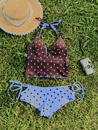 Sky Blue Polka Dot Halter Tied Back Reversible Top & Cutout Tie Cheeky Boyshorts Tankini Set