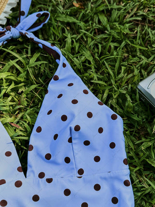 Sky Blue Polka Dot Halter Tied Back Reversible Top & Cutout Tie Cheeky Boyshorts Tankini Set