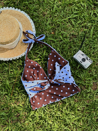 Sky Blue Polka Dot Halter Tied Back Reversible Top & Cheeky Boyshorts Tankini Set