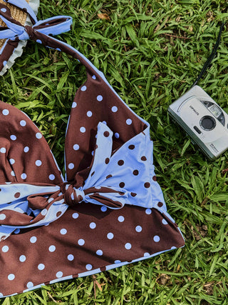 Sky Blue Polka Dot Halter Tied Back Reversible Top & Cheeky Boyshorts Tankini Set