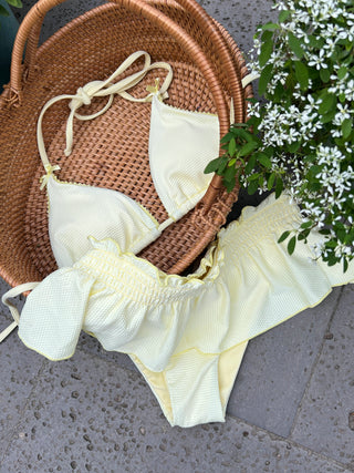 Light Yellow Textured Knit Fabric Lace Bowknot Triangle Skirtini Bikini Set