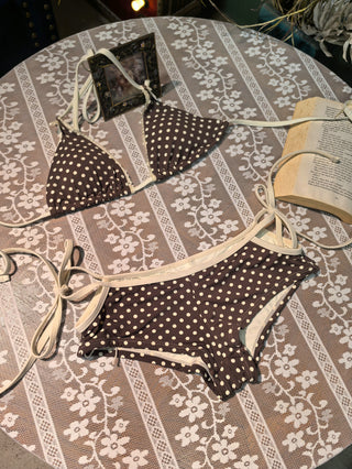 Deep Coffee Polka Dot Lace Bowknot Cutout Tie Side Cheeky Boyshorts Bikini Set