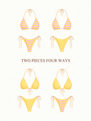 Yellow Striped Polka Dot Triangle Top & Cheeky Brazilian Bottom Reversible Bikini Set