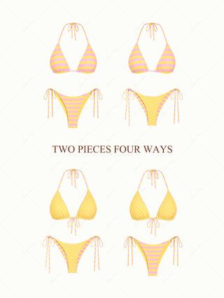 Yellow Striped Polka Dot Triangle Top & Cheeky Brazilian Bottom Reversible Bikini Set