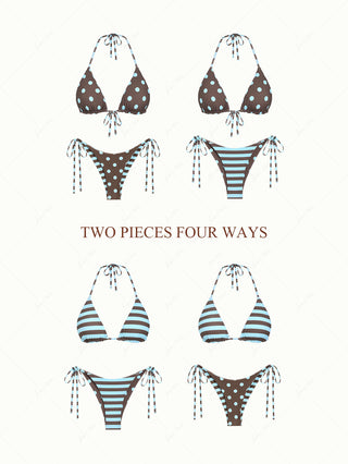 Coffee Striped Polka Dot Triangle Top & Cheeky Brazilian Bottom Reversible Bikini Set
