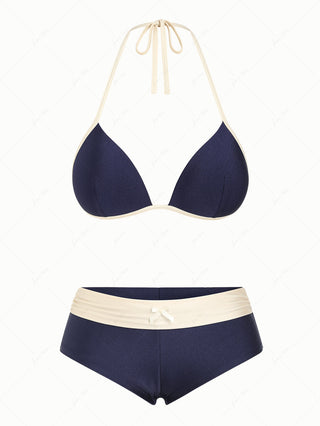 Deep Blue Contrast Binding Triangle Push Up Cheeky Boyshorts Bikini Set