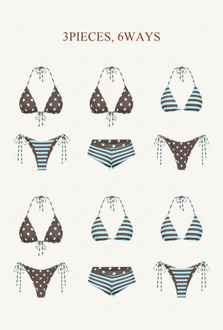 Coffee Striped Polka Dot Triangle Reversible Top & Cheeky Boyshorts Bikini Set