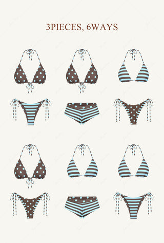 Coffee Striped Polka Dot Triangle Reversible Top & Cheeky Boyshorts Bikini Set
